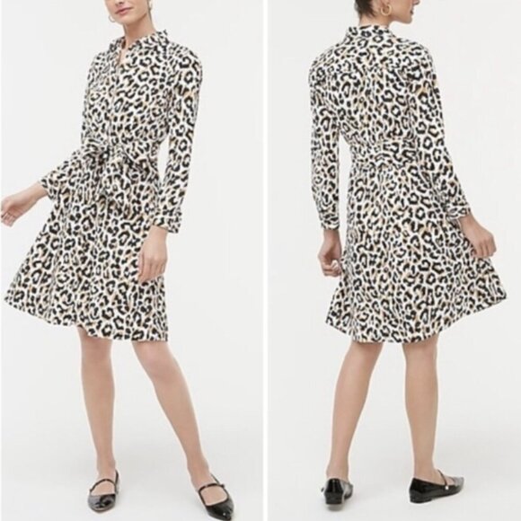 J. Crew Leopard Print Cotton Poplin Tie Waist Button Down Shirt Dress size 2 - Picture 1 of 12